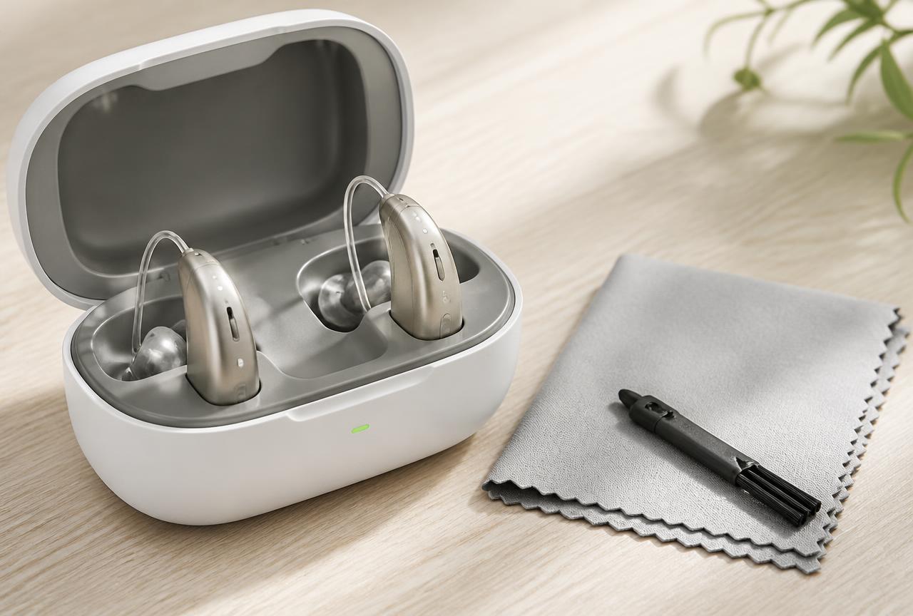 Pair of rechargeable hearing aids in an open charging case beside a cleaning cloth and brush