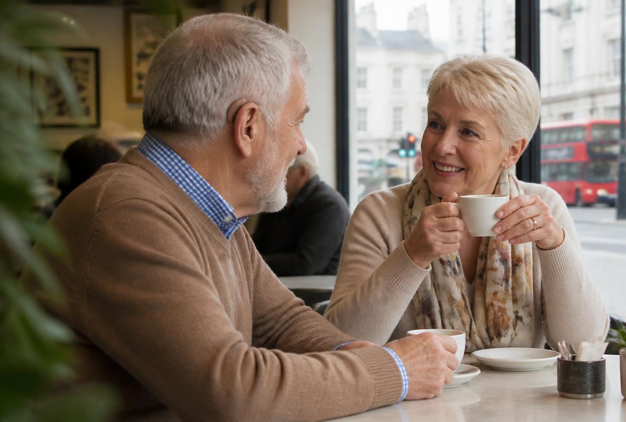 Older couple in conversation over coffee in a London café, the man wearing a discreet hearing aid