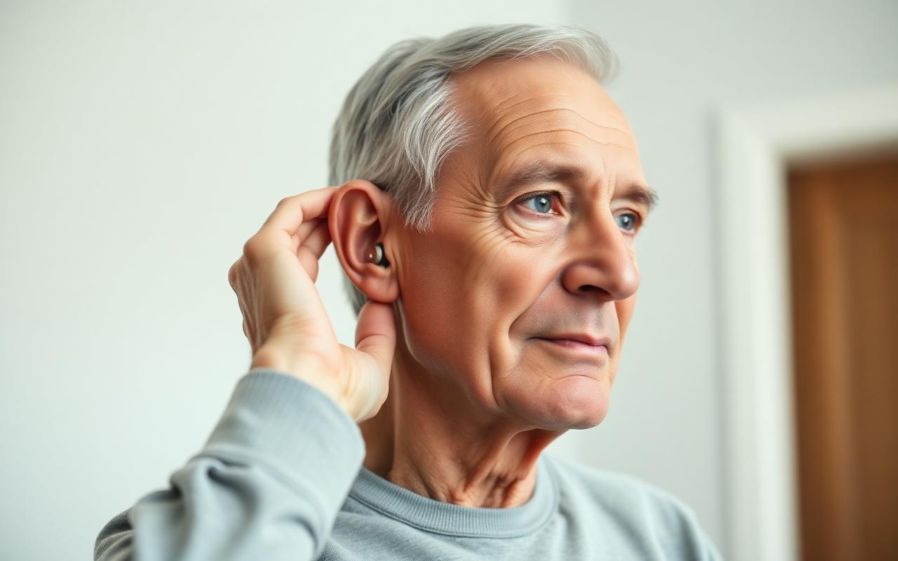 An older man in a quiet room wearing a discreet hearing aid