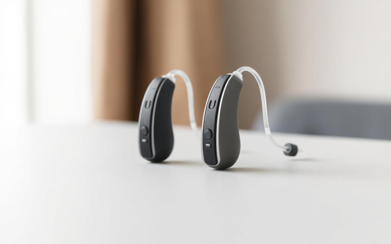 Two modern behind-the-ear hearing aids side by side on a pale surface